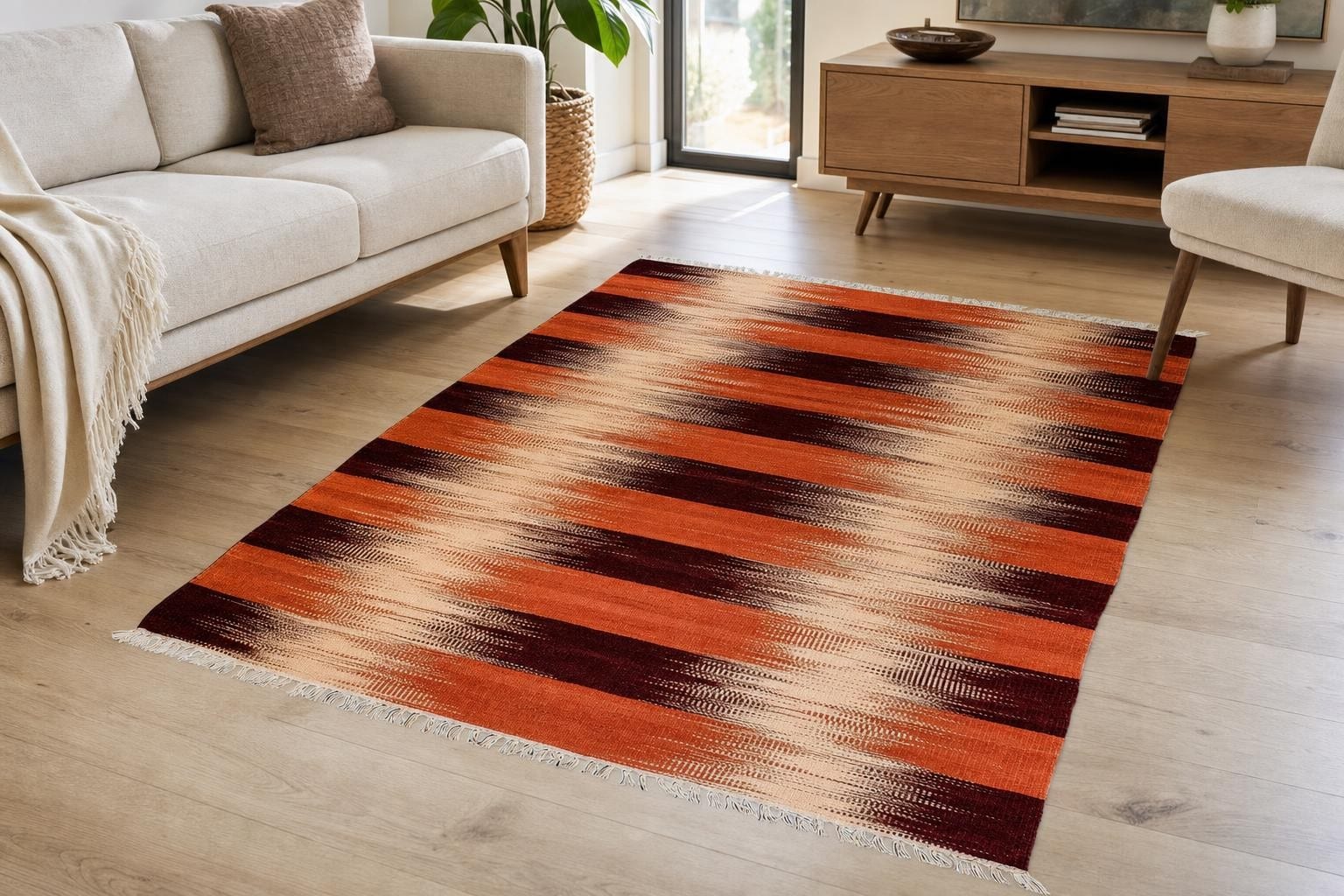 Kilim 60178- Orange/Dark Maroon/Beige
